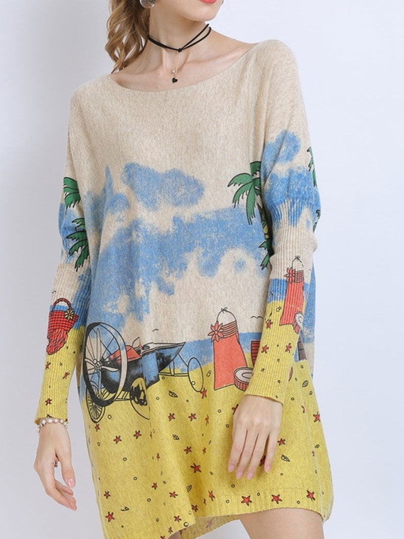 Boat Neck Long Sleeve Beach Scenic Print Oversized Knit Sweater 8