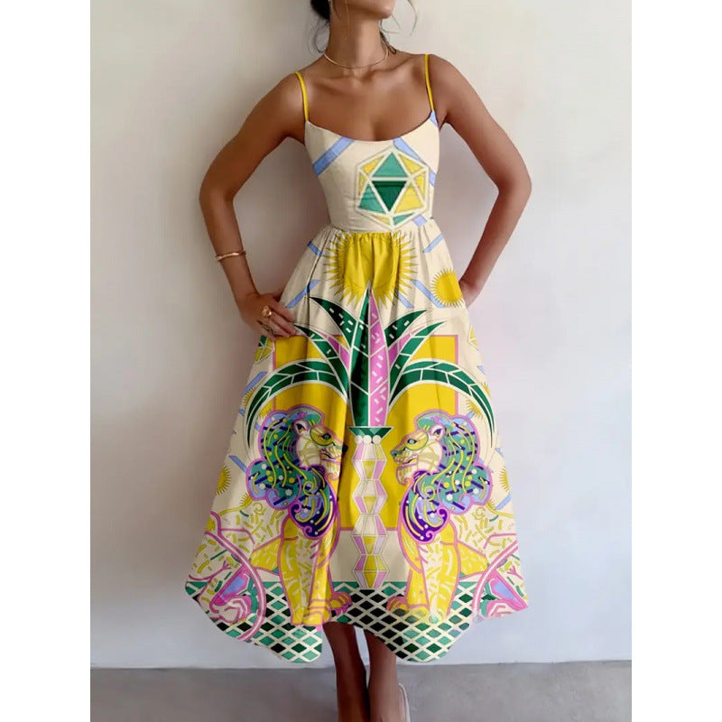 Spaghetti Strap Scoop Neck Baroque Lion Print Flared Midi Dress