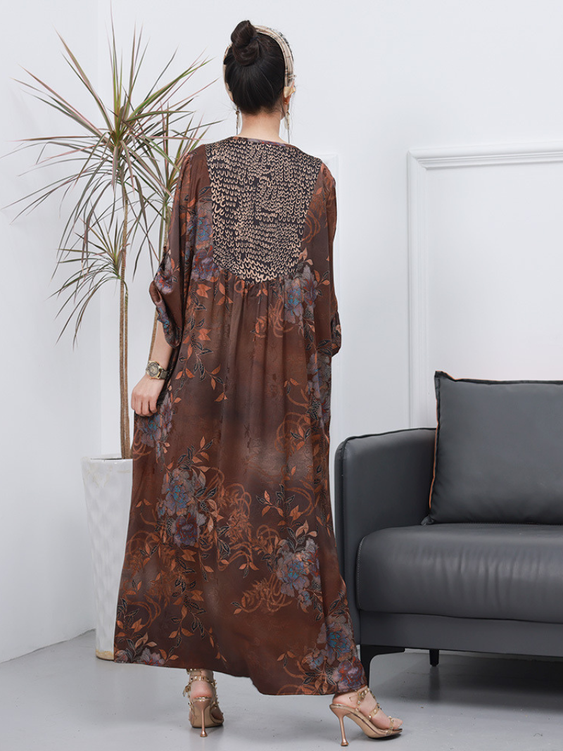 V-Neck Long Sleeve Floral Print Pleated Yoke Kaftan Maxi Dress