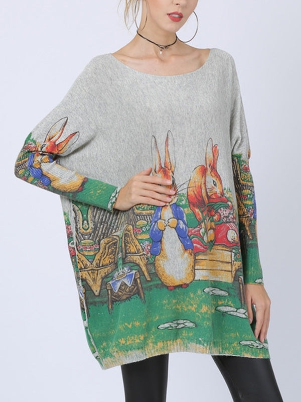 Boat Neck Rabbit Print Batwing Sleeve Loose Knit Sweater