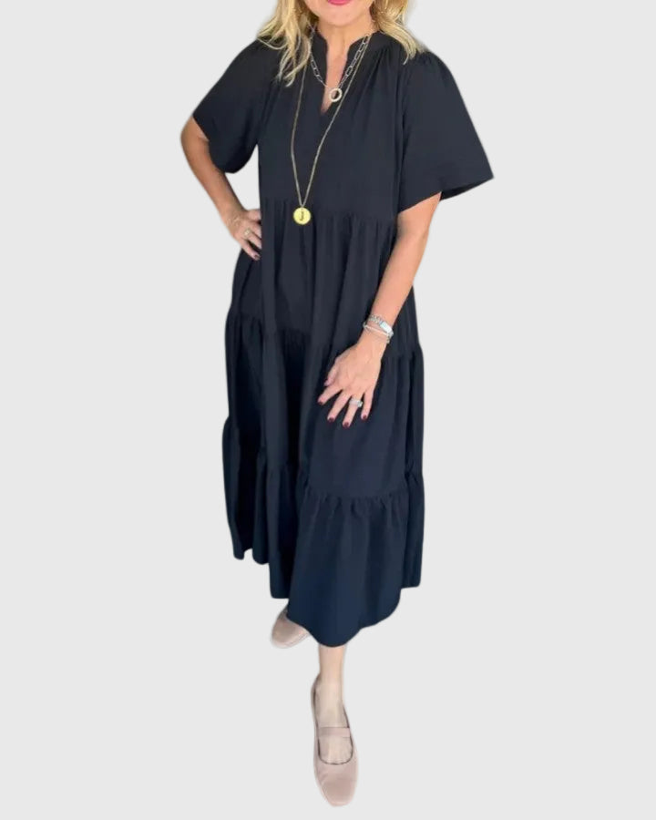 Notch Neck Short Sleeve Tiered Pocket Flowy Maxi Dress
