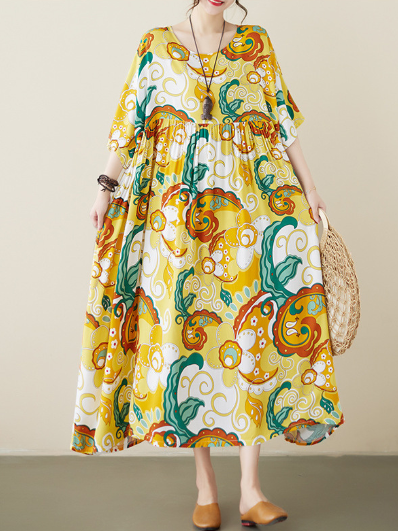 Yellow Round Neck Abstract Floral Half Sleeve Smock Maxi Dress