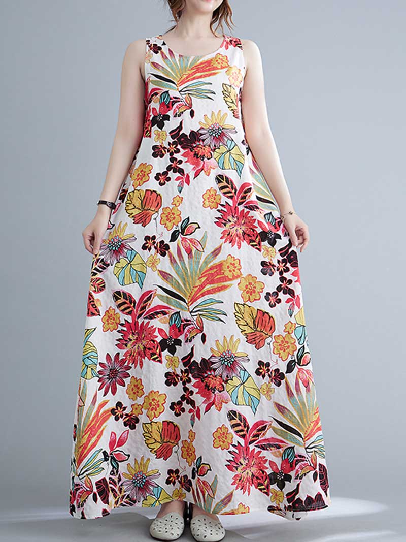 Round Neck Sleeveless Tropical Floral Print Loose A-Line Maxi Dress