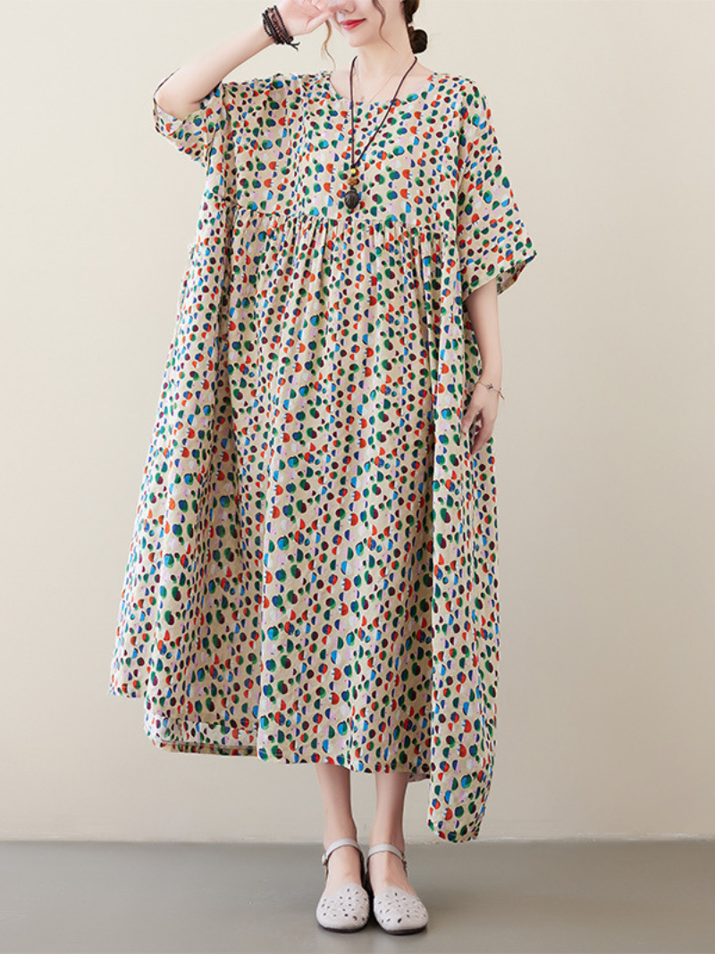 Multicolor Round Neck Polka Dot Half Sleeve Pleated Loose Smock Maxi Dress 2