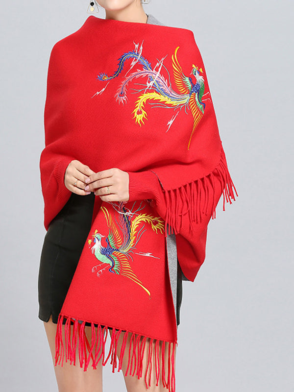 Open Front Phoenix Embroidery Fringe Hem Batwing Cape Cardigan 6
