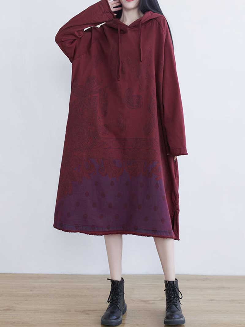 Hooded Long Sleeve Paisley Polka Dot Print Loose Denim Midi Dress 9