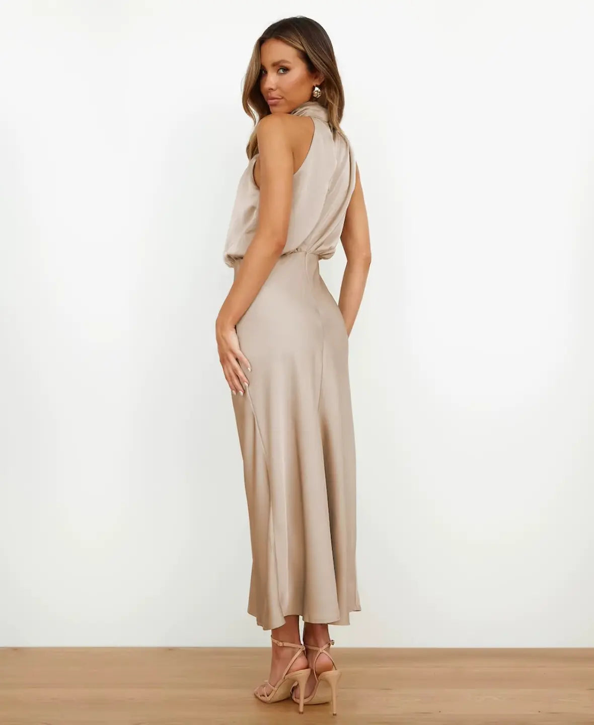 Halter Neck Draped Satin Sleeveless A-Line Maxi Dress 2