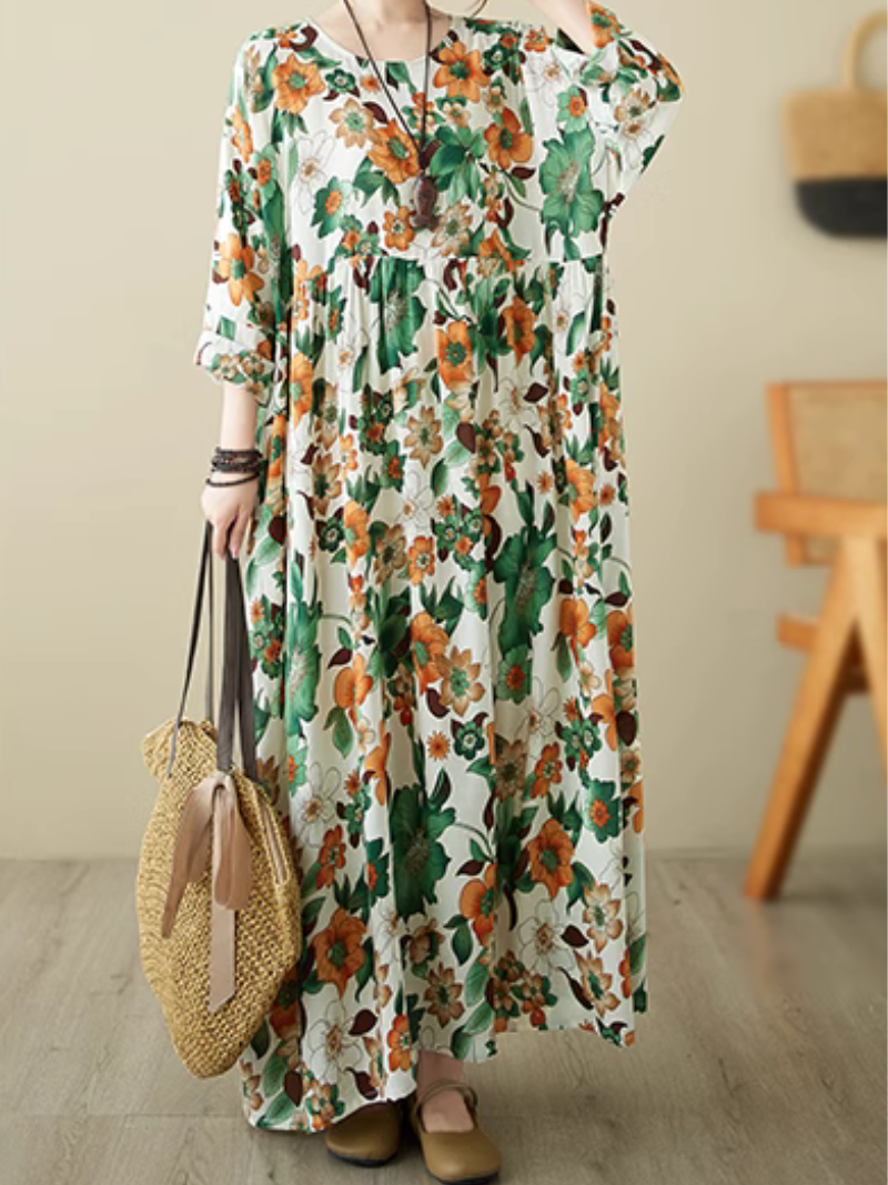 Round Neck Floral Print Long Sleeve Loose Smock Maxi Dress