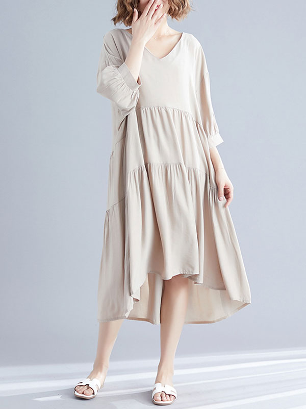 V-Neck Three-Quarter Sleeve Tiered Loose A-Line Midi Dress 15
