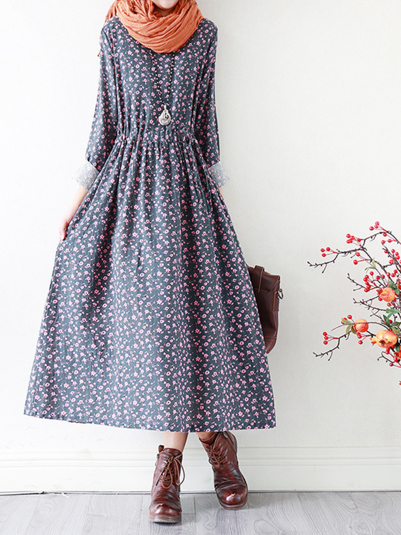 Round Neck Ditsy Floral Lace Cuff Long Sleeve A-Line Maxi Dress 3