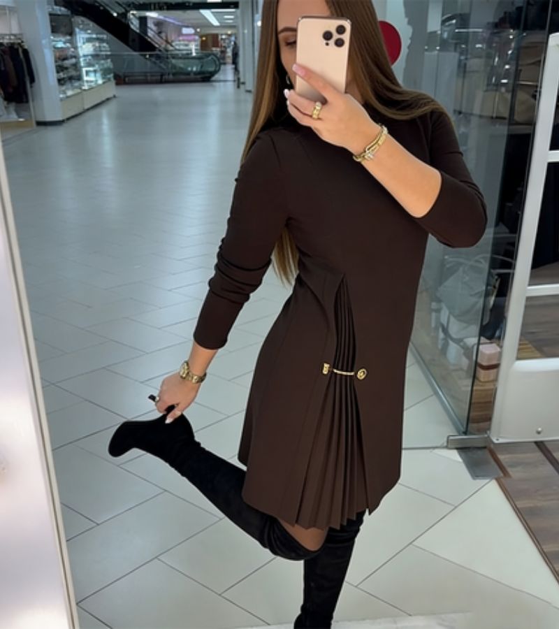 Mock Neck Long Sleeve Pleated Detail A-Line Mini Dress 3
