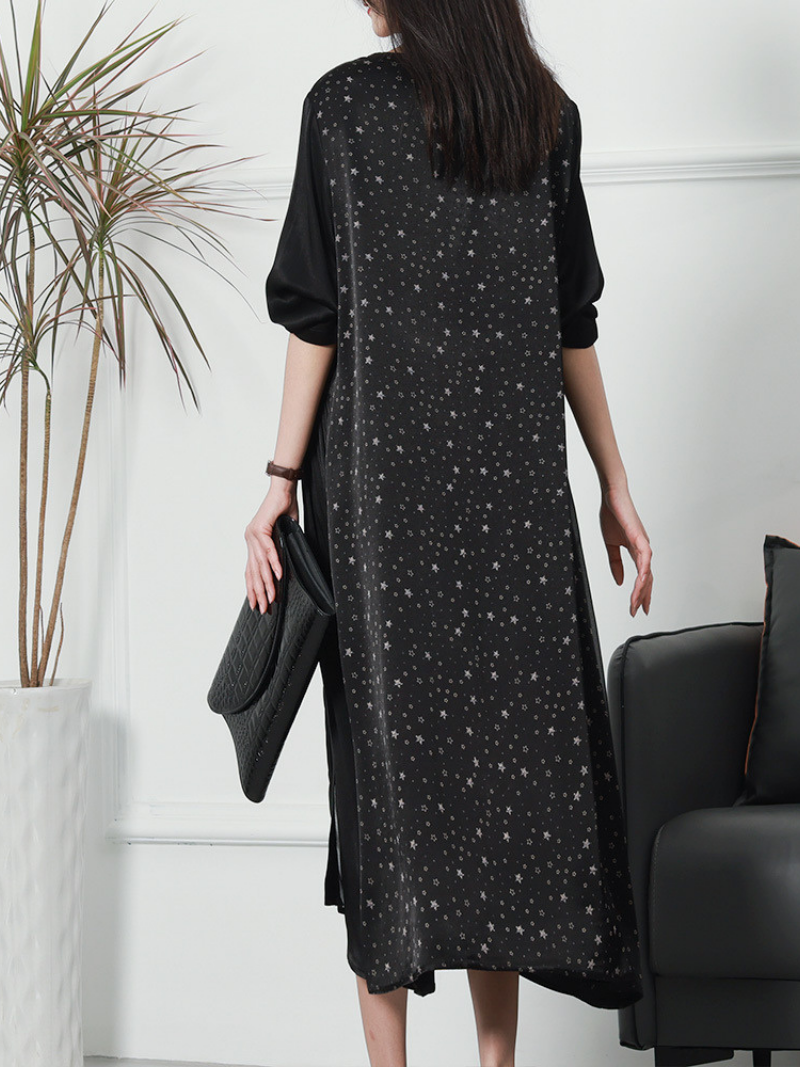 V-Neck Star Print Color Block High Waist A-Line Midi Dress