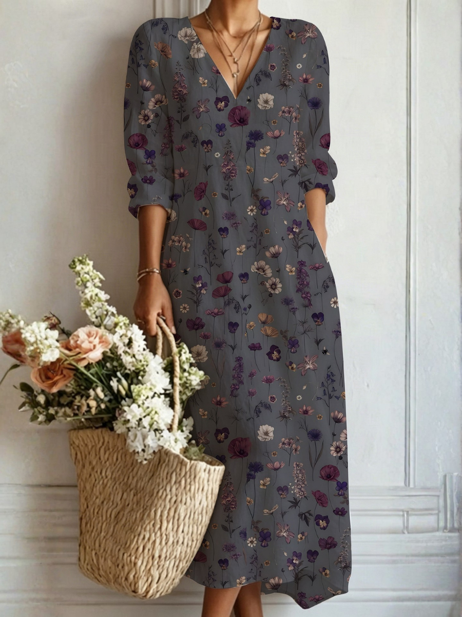 Multicolor V-Neck Wildflower Floral Print Long Sleeve Shift Midi Dress