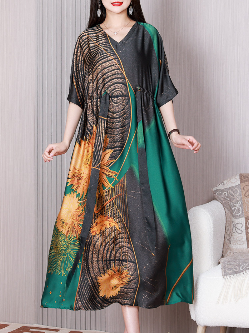 Green V-Neck Short Sleeve Floral Print Drawstring Waist Loose Midi Dress 4