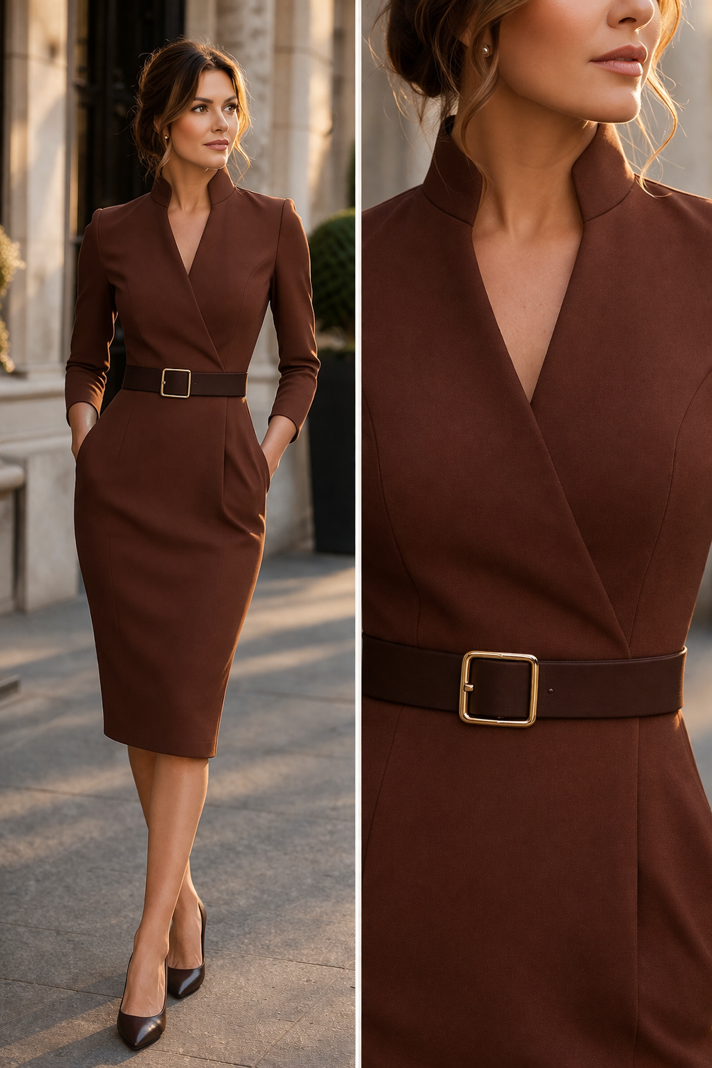 Stand Collar V-Neck Belted Long Sleeve Pencil Midi Dress 10