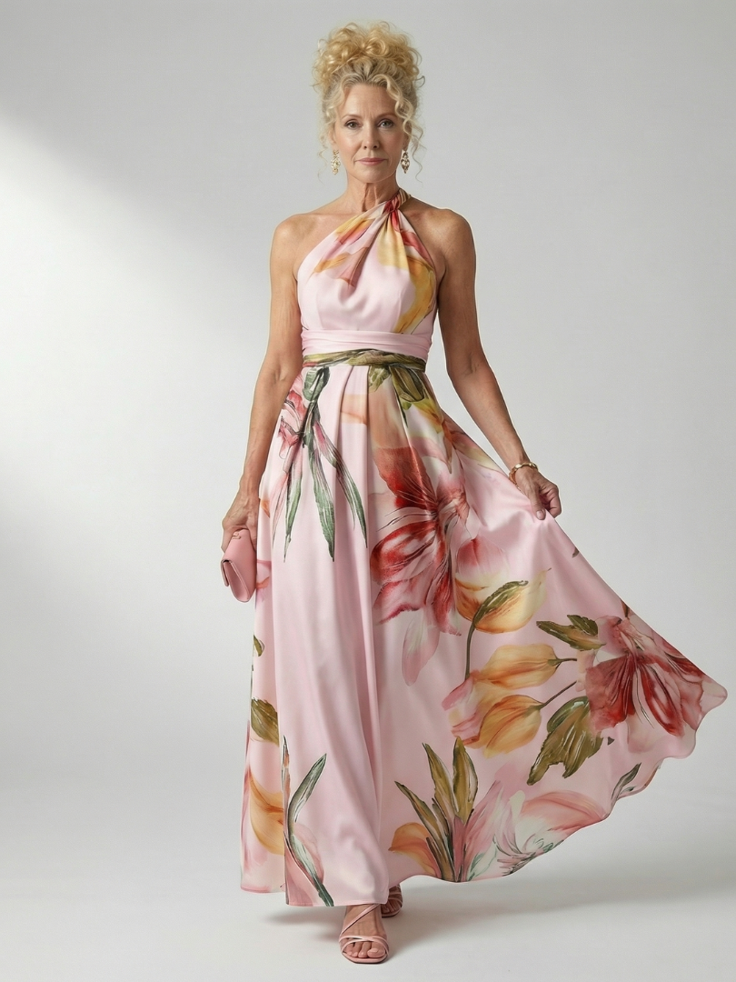 Halter Neck Twist Floral Print Satin A-Line Gown 12