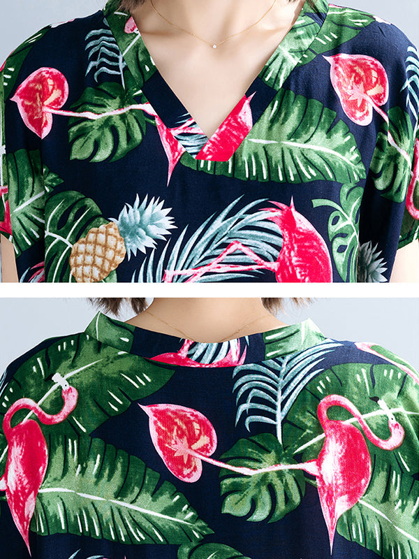 V-Neck Tropical Flamingo Print Short Sleeve Loose Kaftan Maxi Dress 9