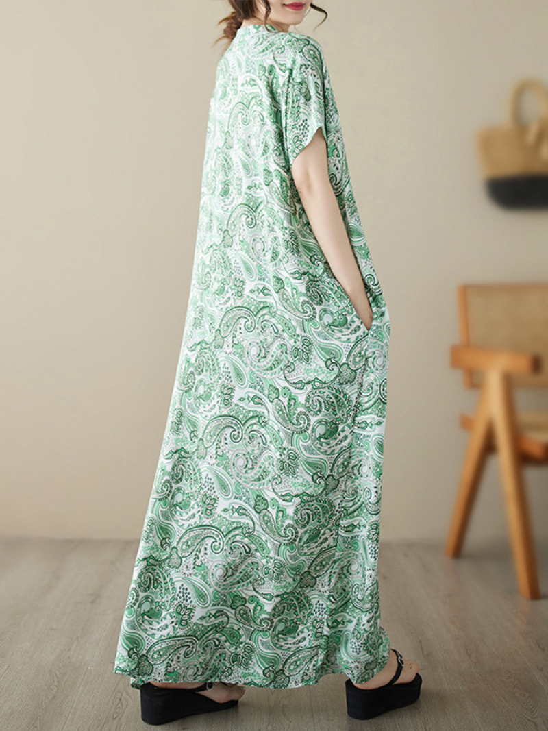 V-Neck Paisley Print Short Sleeve Loose Kaftan Maxi Dress