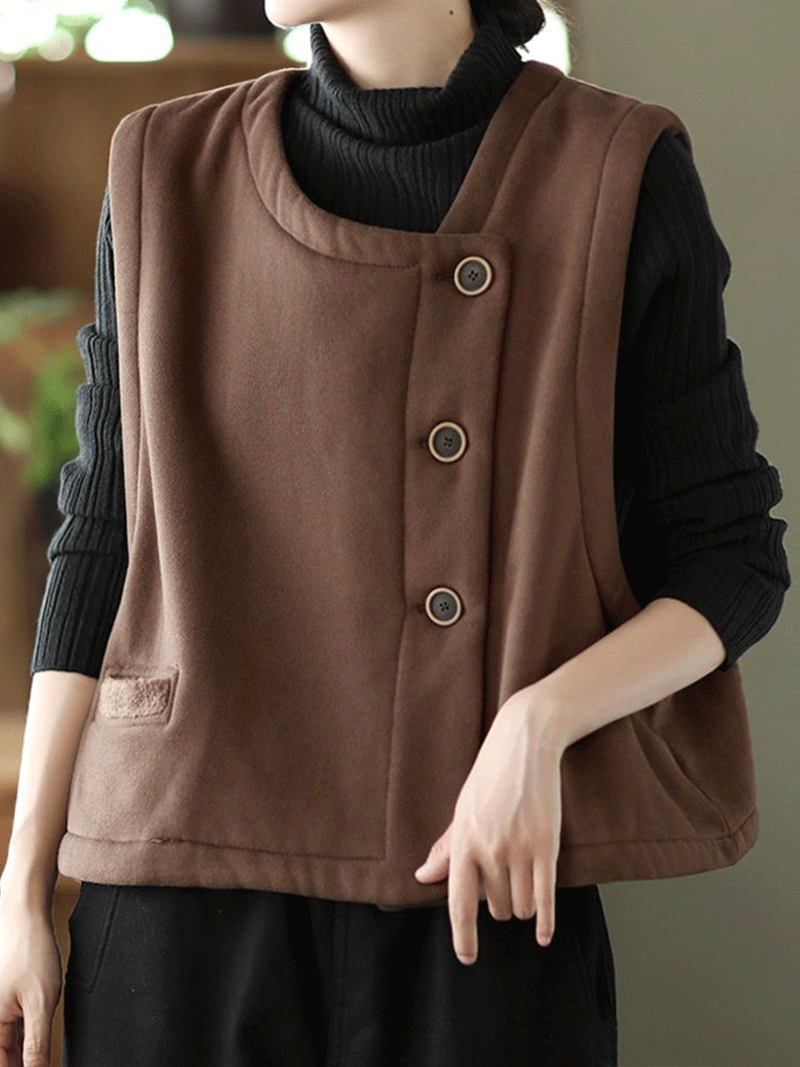 Round Neck Asymmetric Button Sleeveless Pocket Vest 2