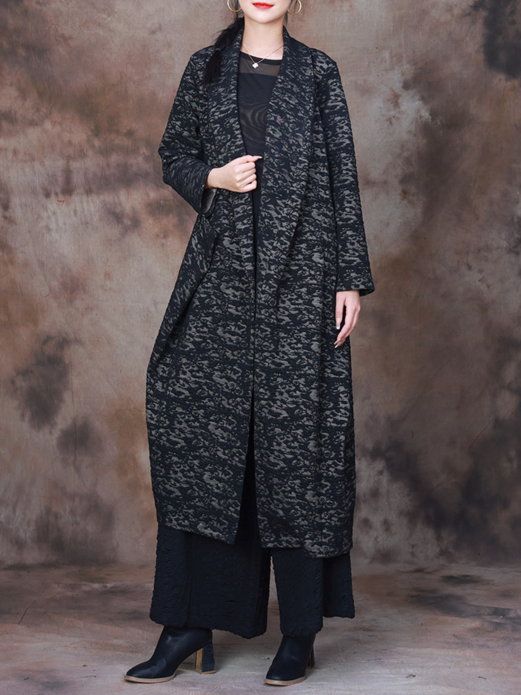 Lapel Collar Abstract Print Open Front Long Line Jacket 3