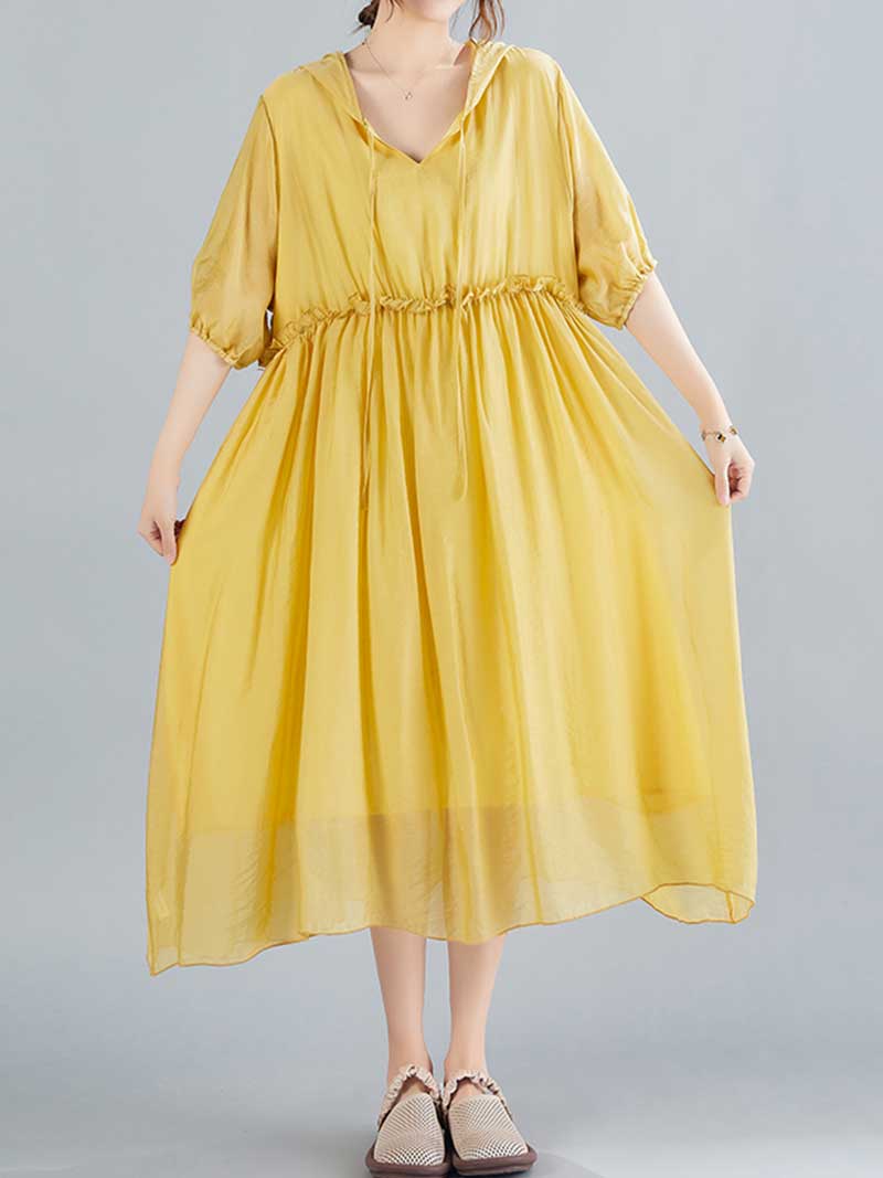 Hooded V-Neck Short Sleeve Pleated Loose A-Line Midi Dress 2