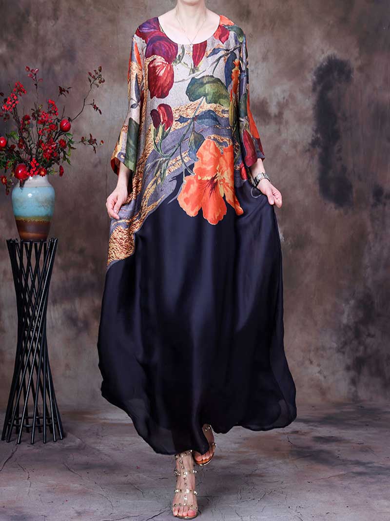 Round Neck Batwing Sleeve Floral Colorblock Loose Maxi Dress