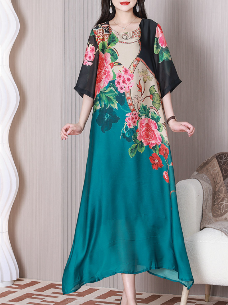 Round Neck Half Sleeve Floral Print Chiffon Maxi Dress 7