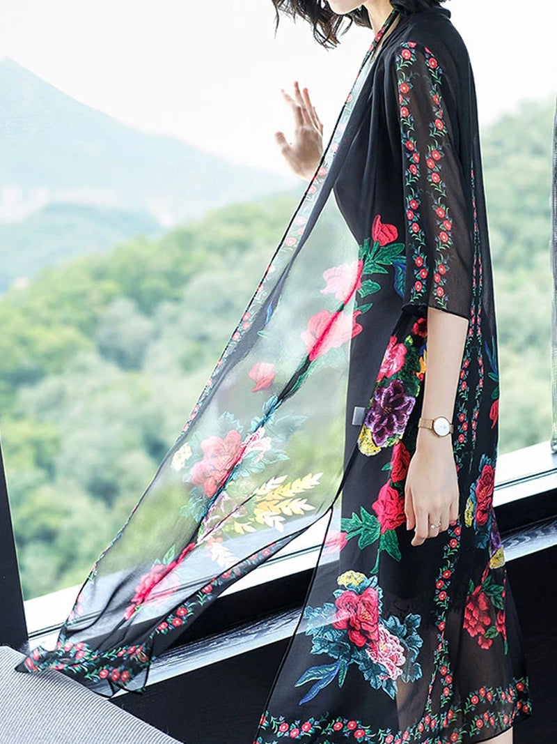 Open Front Floral Print Sheer Chiffon Long Kimono 9