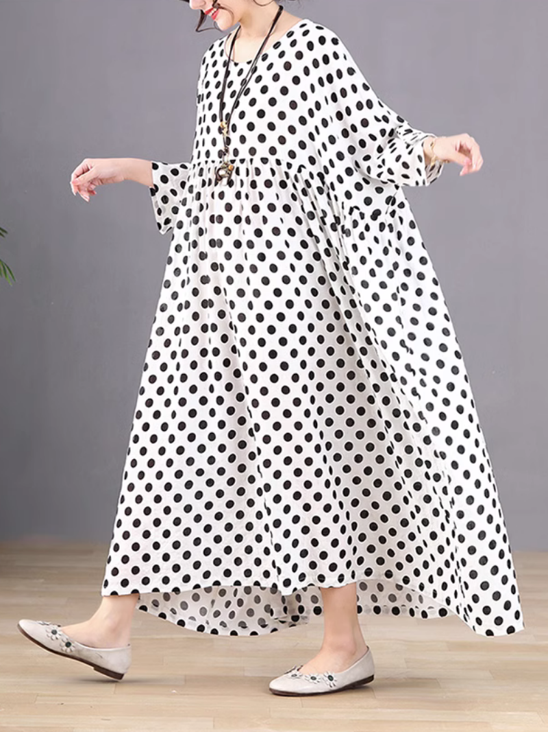 Round Neck Polka Dot Batwing Sleeve Loose Smock Maxi Dress