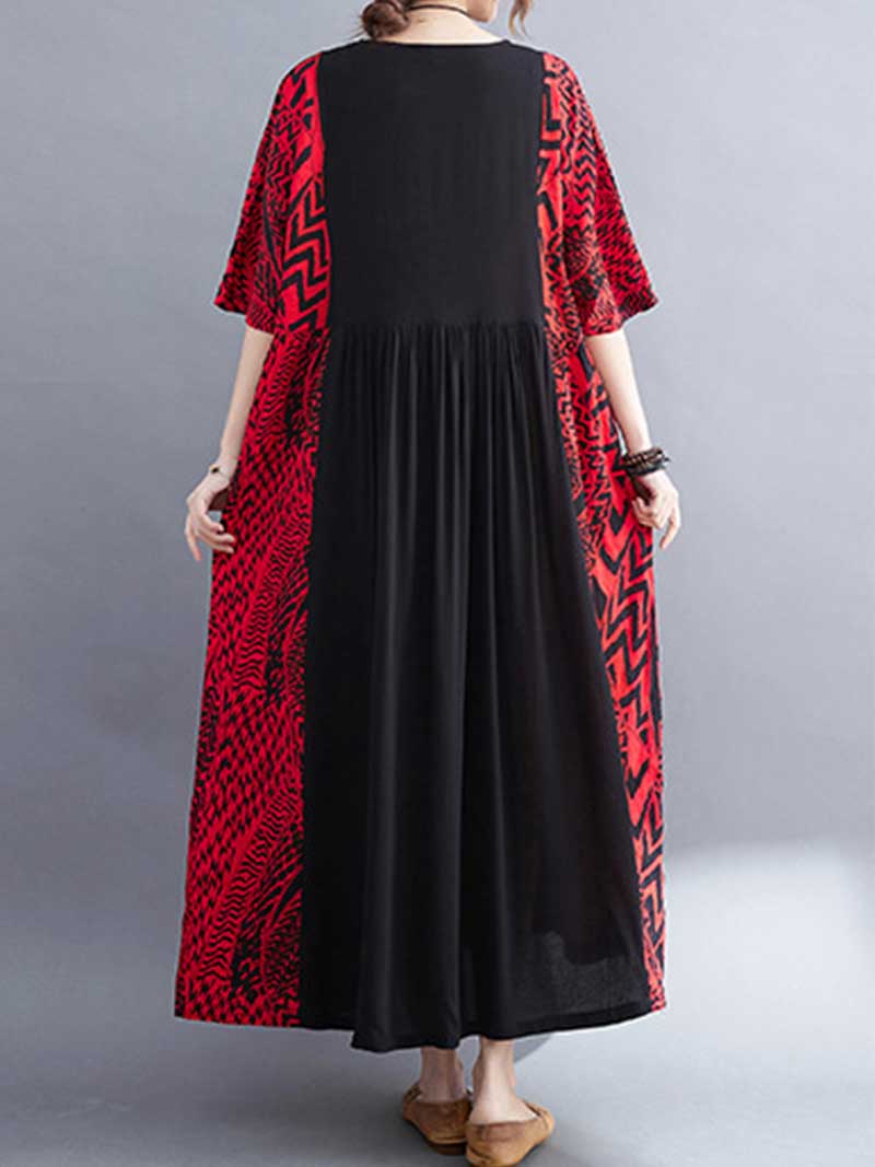 Round Neck Short Sleeve Geometric Print Loose Smock Maxi Dress 4