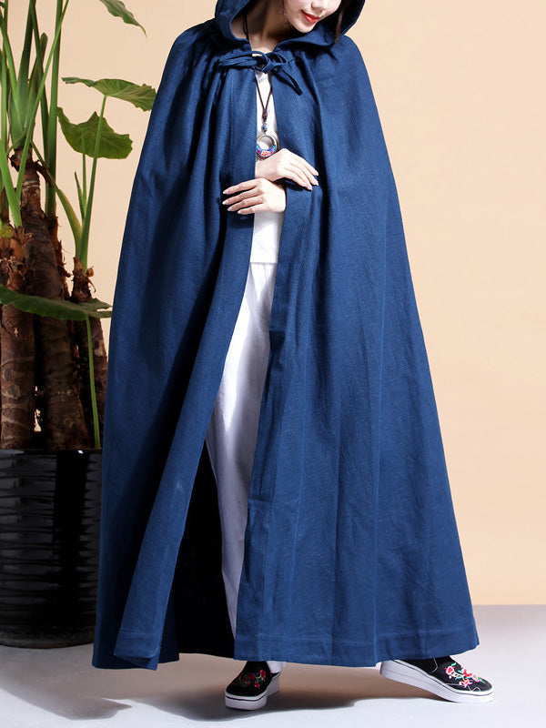 Hooded Open Front Linen Long Cape Coat