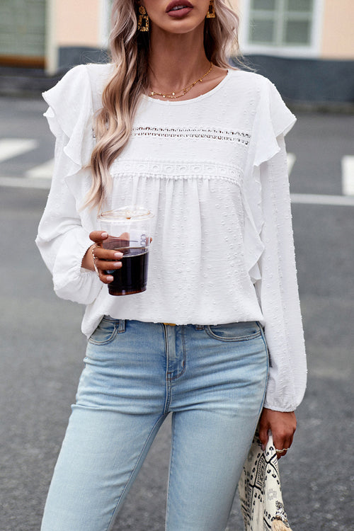 Miss You So Swiss Dot Lace Ruffled Long Sleeve Top - 5 Colors