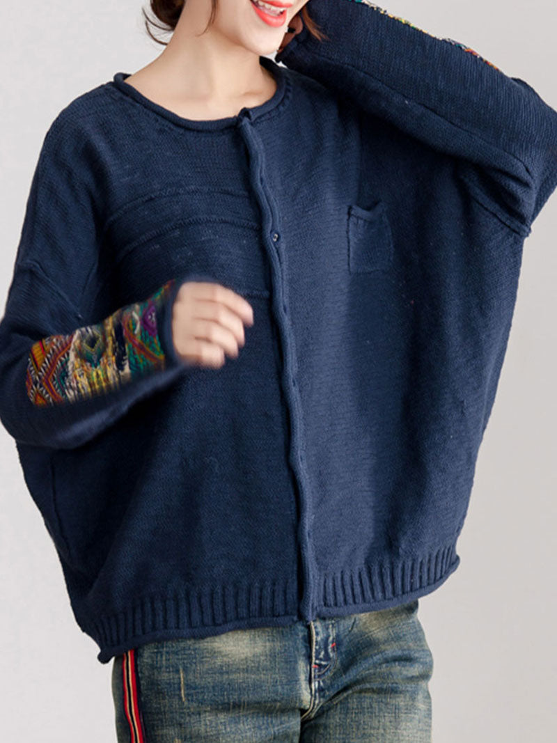 Round Neck Embroidered Sleeve Button Front Knit Cardigan