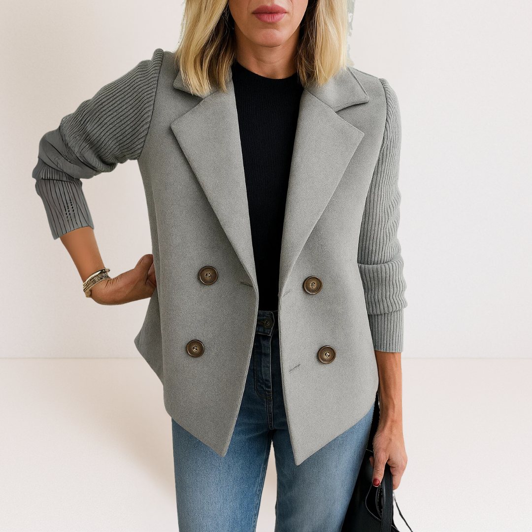 Notch Lapel Ribbed Knit Sleeve Double-Breasted Coat 9