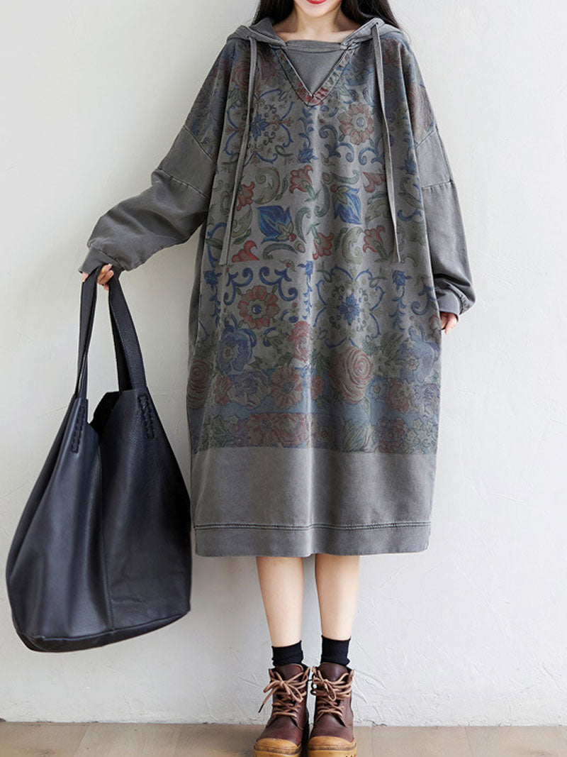 Hooded Floral Print Long Sleeve Loose Midi Dress
