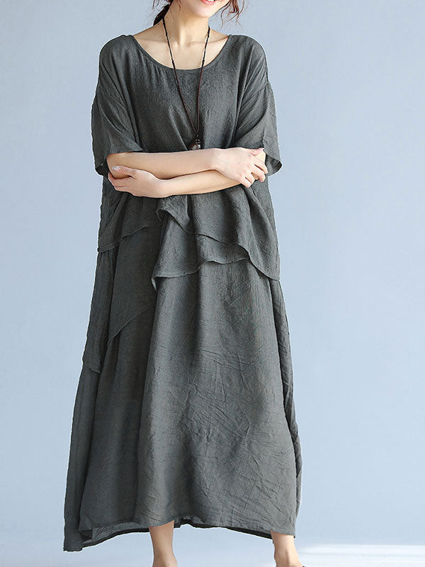 Round Neck Layered Short Sleeve Loose A-Line Linen Maxi Dress 2