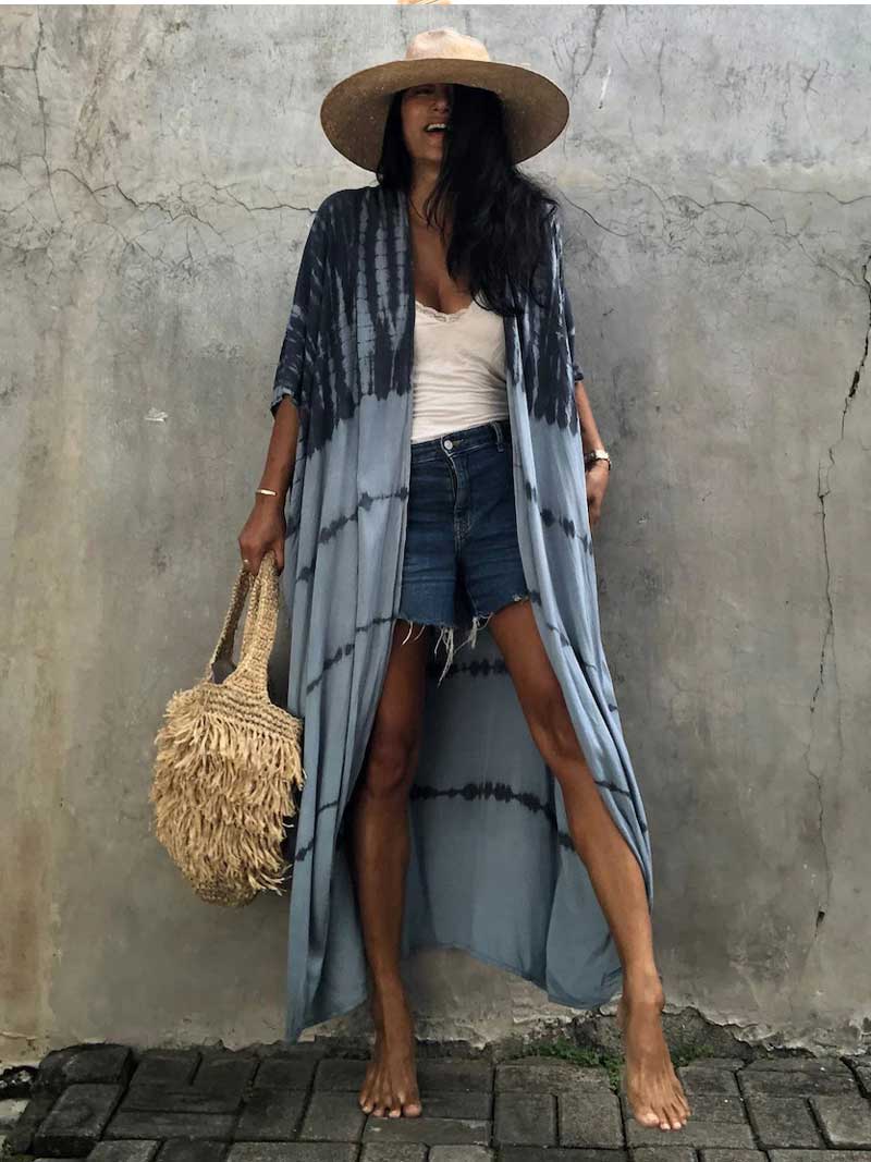 Tie-Dye Print Belted Short Sleeve Long Kimono Duster Robe 14