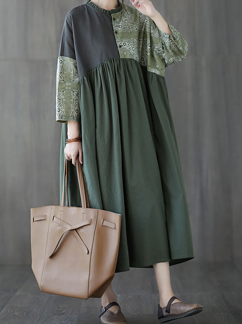 Ruffle Collar Paisley Patchwork Pleated Long Sleeve Smock Maxi Dress
