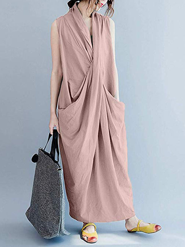 V-Neck Sleeveless Twist Front Draped Loose Cocoon Maxi Dress 10