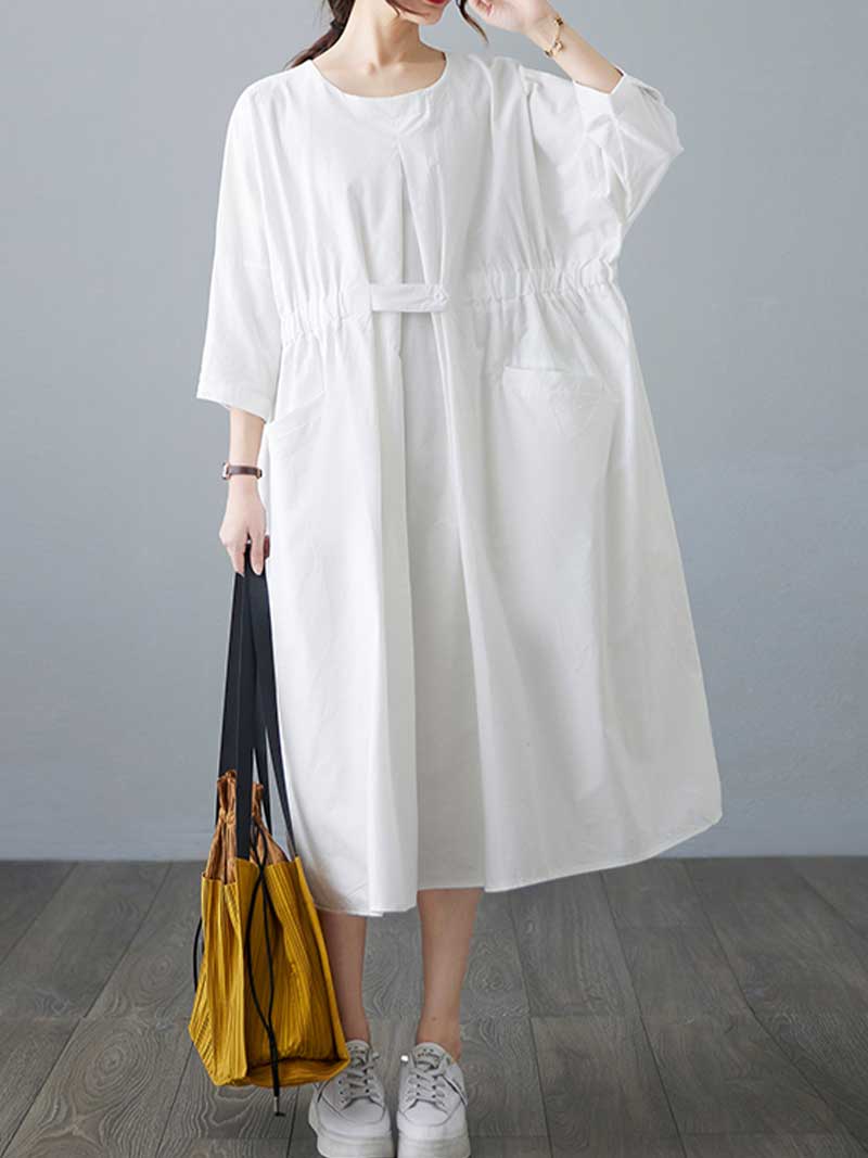 Round Neck Half Sleeve Cinched Waist Pocket Cotton Midi Dress