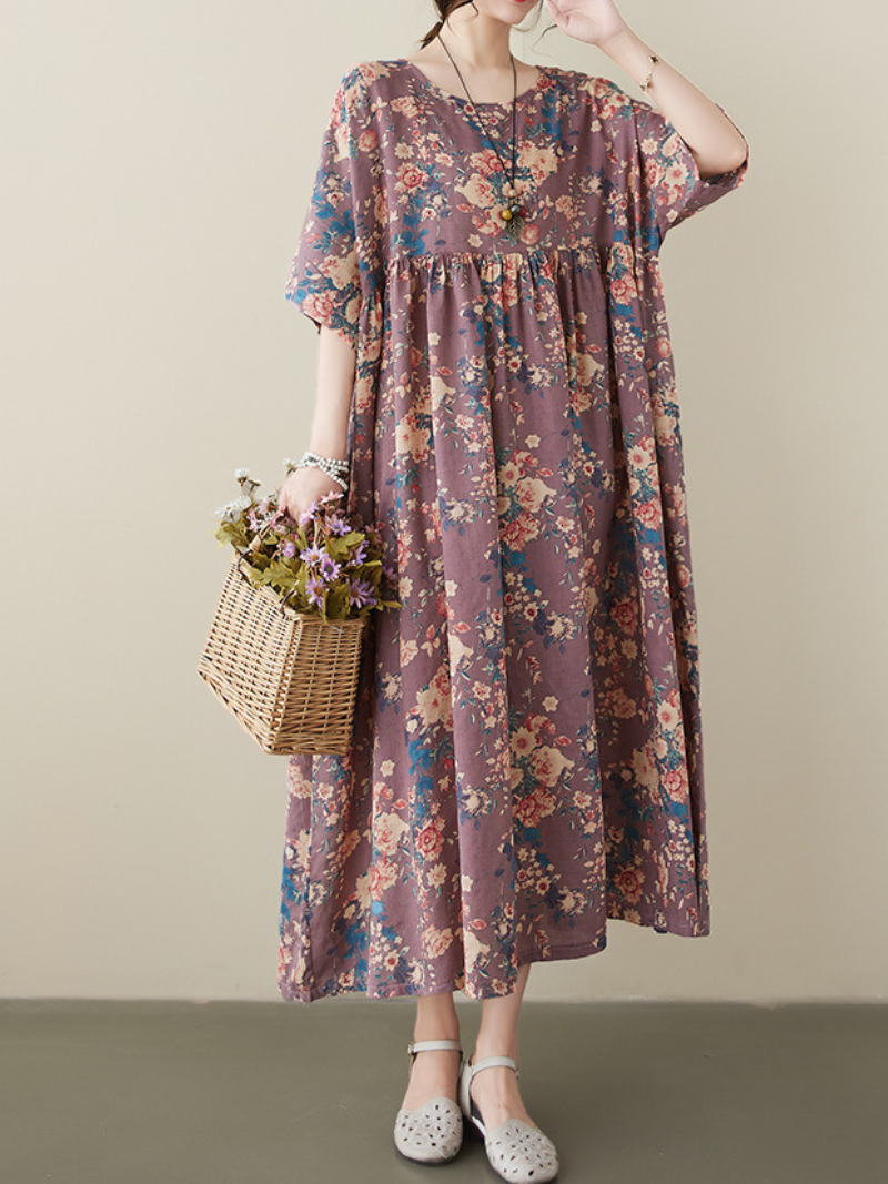 Coffee Round Neck Short Sleeve Vintage Floral Empire Waist Smock Maxi Dress