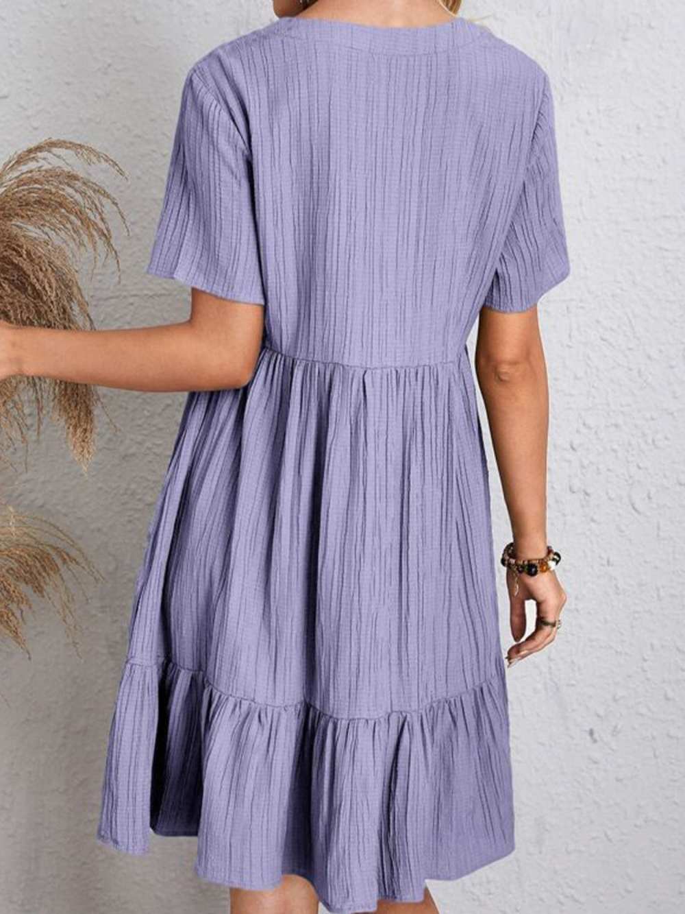 V-Neck Textured Short Sleeve Tiered Ruffle Hem Swing Mini Dress
