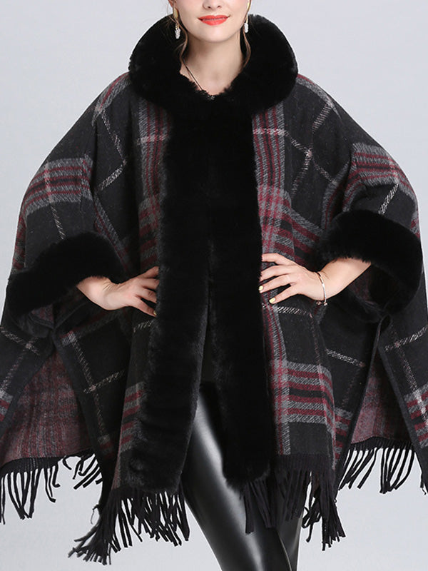 Faux Fur Trim Plaid Tassel Hem Cape Poncho Cardigan