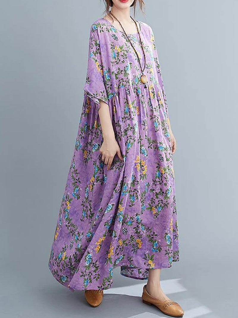 Purple Round Neck Floral Print Pleated Half Sleeve Loose A-Line Maxi Dress 4
