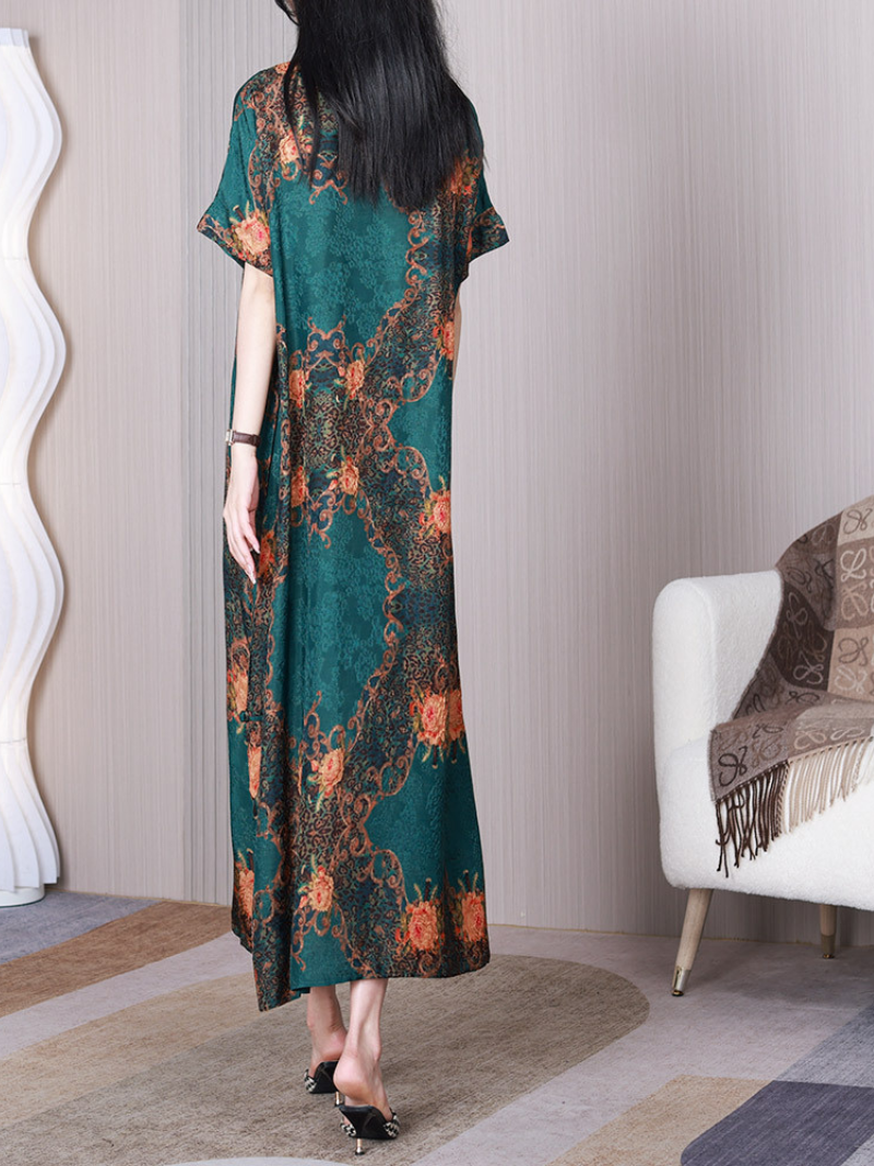 Green Round Neck Short Sleeve Floral Print Satin Shift Maxi Dress 3