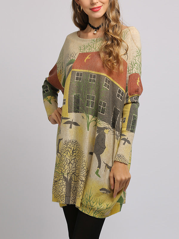 Boat Neck Scenic Print Long Sleeve Loose Knit Sweater 10