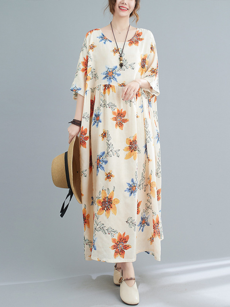 Multicolor Round Neck Floral Print Short Sleeve Loose Smock Maxi Dress 2