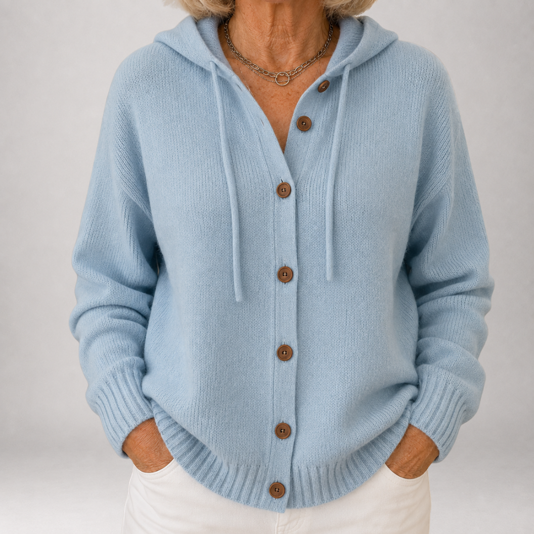 Powder Blue Hooded Drawstring Button-Front Knit Cardigan