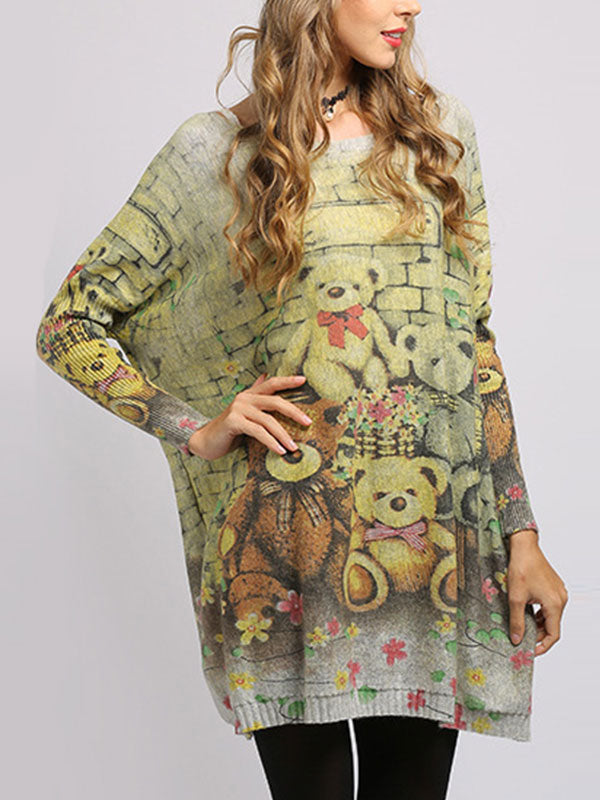 Boat Neck Long Sleeve Teddy Bear Print Knit Sweater 10