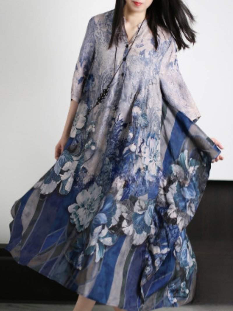 Stand Collar Floral Print Half Sleeve Loose Flowy Maxi Dress 4